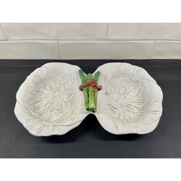 Italian Majolica Vietri Divided White Cabbage Leaf and Asparagus Dish